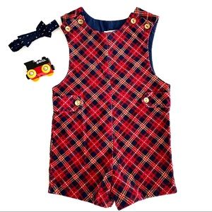 Baby Boy Red / Navy Plaid Shortall Size 9-12 months Cotton Corduroy